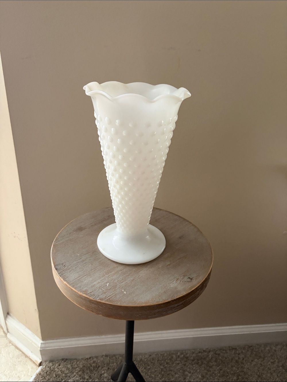 White Hobnail Milk Glass Trumpet Vase by